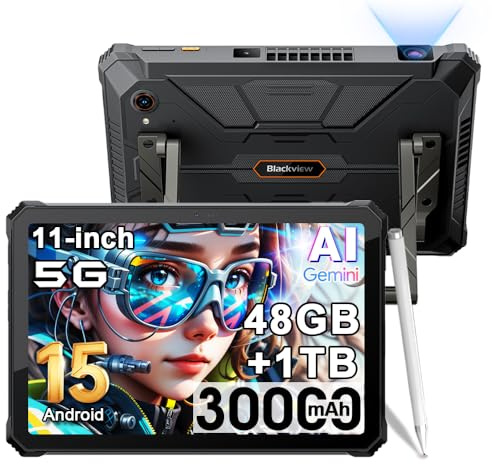 Blackview Active 12 PRO Projector Tablet,Android 15 Rugged Tablet,48GB RAM+1TB ROM, 30000mAh Dual 5G 11'' Display Outdoor Tablets,108MP+50MP Camera,Camping Light/WiFi 6E/BT 5.4/GPS