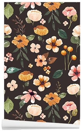 ANBILILA Selbstklebende Tapete, Modern Minimalistisch Bunte Blumen Schwarz Abziehen und Aufkleben Kontaktpapier, 44,5X500CM Florale Muster Nahtlose Patchwork Abziehbare Tapete Dekofolie Wandtattoo