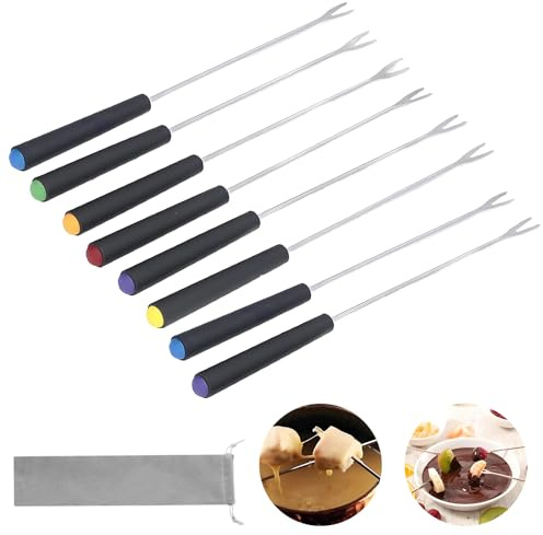 Fondue Forks, 8pcs Stainless Steel Chocolate Fondue Forks with Color Coding Handle for Cheese Chocolate Fountains Skewers Marshmallow Roasting Sticks, 9.4inch