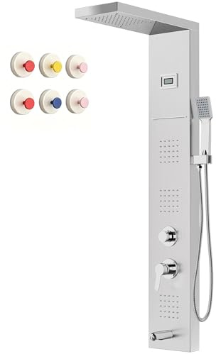 Columna de Ducha Hidromasaje STANEW,Pantalla LED Temperatura, Grifo de 5 Funciones, lluvia, Cascada, Masaje, Boquilla de Bañera y Cabezal de Ducha con Manguera, Acero Inoxidable Cepillado (Plateado)