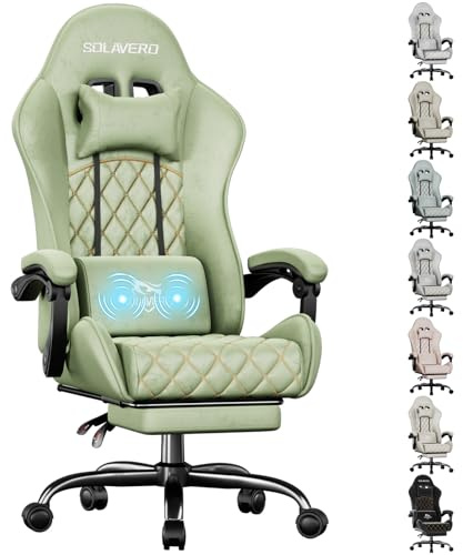 Precision Synergie Fabric Gaming Chair, Massage Computer Chair, Green | Comfy Headrest and Lumbar Support, Retractable Footrest, Height Adjustable, Reclining Back, Ergonomic Design, for Adults