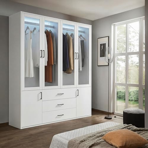 Hauptrolle Kleiderschrank 4-türig mit LED, Drehtürenschrank mit 2 Schubladen und Kleiderstange, Transparente Acryltüren, Weiß, 160 x 51 x 182 cm(B/H/T)