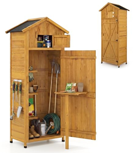RELAX4LIFE Gartenschrank Holz, Gerätehaus wetterfest Outdoor, Geräteschuppen mit Asphalt-Dach, klappbarem Tisch, abnehmbaren Regalen & Haken, Geräteschrank für Garten & Terrasse, 76 x 51,5 x 178 cm