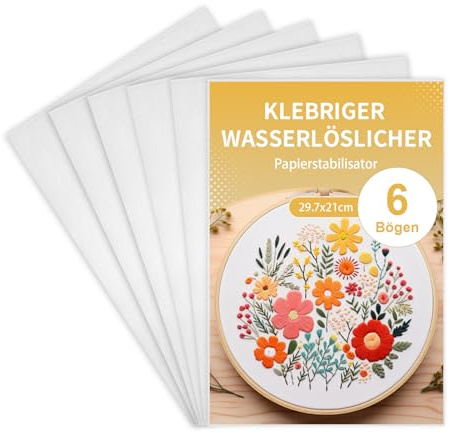 Yawfold 6 PCS Stickvlies Wasserlöslich A4 (29,7 x 21 cm) Selbstklebend | Wasserlösliche Stickfolie für Hand- und Maschinenstickerei, einfach zum Aufbügeln und Bedrucken für präzise Stickvorlagen