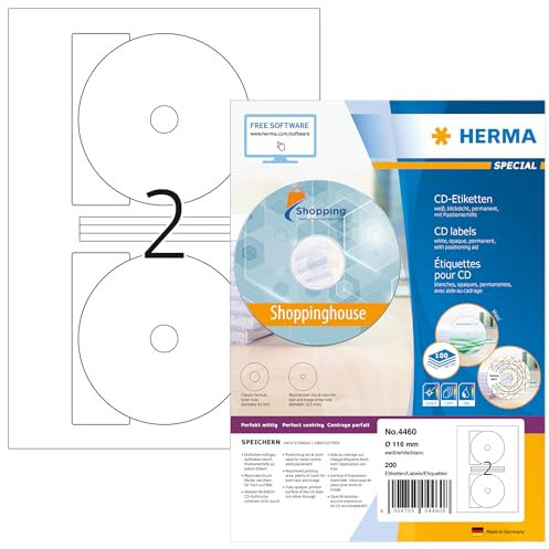 HERMA 4460 CD DVD Etiketten inkl. Zentrierhilfe blickdicht, 100 Blatt, Ø 116 mm MAXI, 2 pro A4 Bogen, 200 Stück, selbstklebend, bedruckbar, matt, blanko Papier Klebeetiketten Aufkleber, weiß