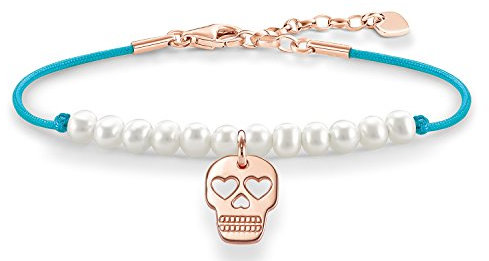 Thomas Sabo Damen-Armband Love Bridge Totenkopf 925 Sterling Silber 750 rosegold vergoldet Nylon Süßwasserzuchtperle weiß Länge von 15 bis 18 cm LBA0079-904-14-L19,5v