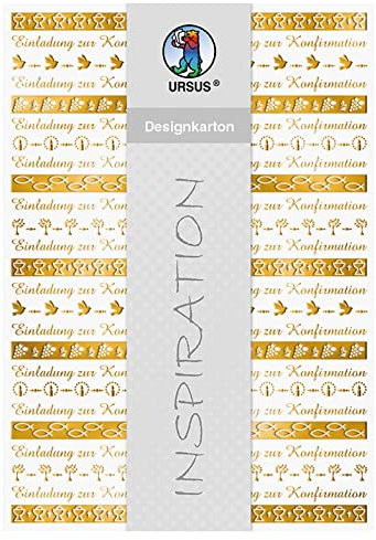 Ursus 60824601 - Designkarton, Bordüren, Konfirmation, DIN A4, 200 g/qm, 5 Blatt, mit Banderole, Vorderseite mit Heißfolie in gold veredelt, ideal für kreatives Basteln