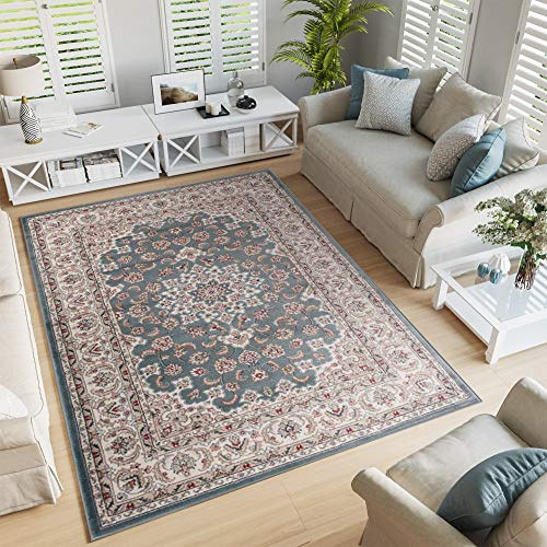 TAPISO Colorado Teppich Kurzflor Blau Creme Floral Blumen 300 x 400 cm | strapzierfähiger Teppich Wohnzimmer Klassisch Orientalisch Ornament Muster Orientteppich OEKO-TEX