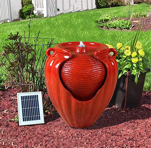 MP Essential Garden Outdoors Solar Ceramic Pot Urn Terracotta Water Fountain Feature (Red)