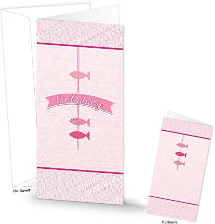 Logbuch-Verlag 20 Einladungskarten + Kuverts rosa pink weiß mit 3 Fischen f. Kommunion Firmung Taufe christliche Feste maritime Karte. Einladungen Klappkarte Mädchen Kinder-Geburtstag