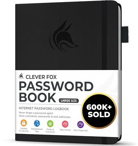 Clever Fox Passwortbuch mit Registerkarten - Adress- und Passwort-Organisationsbuch mit alphabetischen Registerkarten - Großes Passwortbuch für Computer- und Website-Logins, Schwarz