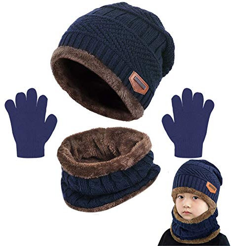 Yutdeng Cappello Sciarpa e Guanti Set Bambino Fodera in Pile Invernali Caldo Ragazzo Ragazza Berretto in Maglia con Sciarpa Scaldacollo Morbido Sci Outdoor Regalo Sport All'aria aperta Navy