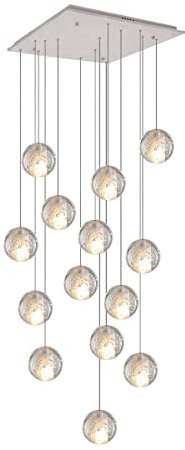 KJLARS Pendelleuchte LED Moderne Glas Kristall Hängeleuchte Höheverstellbar Lüster Dekoratives Kronleuchter für Villa Treppe Wohzimmer Esszimmer Schlafzimmer Pendellampe (14 Bälle Square)