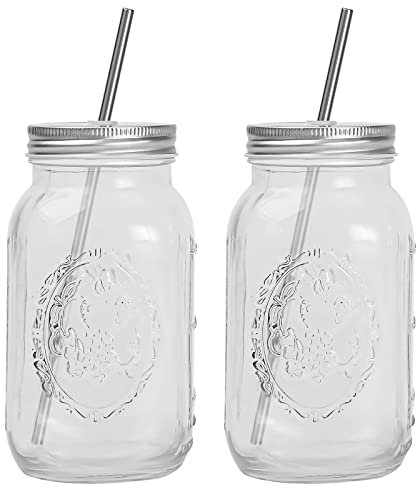 Lot de 2 verres à smoothie en verre avec couvercle et paille en acier inoxydable Transparent 473 ml