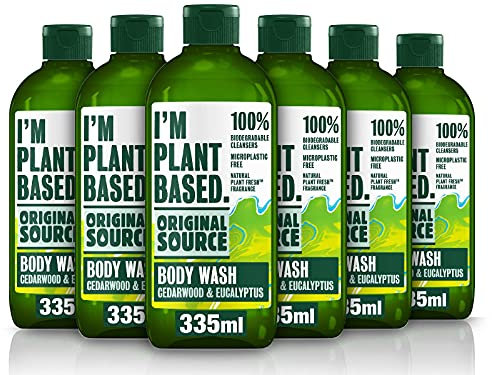 Original Source Duschgel auf Pflanzenbasis aus Zedernholz und Eukalyptus, 100% biologisch abbaubar, 100% mikroplastisch, 100% natürlicher Duft, Tierversuchsfrei, vegan, Multipack mit 6 x 335 ml