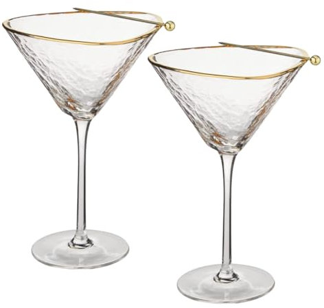 Sister.ly Drinkware Handmade Hammered Martini Glasses with Gold Rim - Gold Rimmed Martini Glasses Set of 2 and 2 Gold-Plated Cocktail Picks, Unique Martini Glass. Perfect For Cocktails.