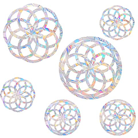 6 Pieces Mandala Window Decals for Bird Strike Prevention - Reusable Rainbow Suncatcher Clings to Save Birds, Non-Adhesive Anti-Collision Stickers, Easy Remove No Residue