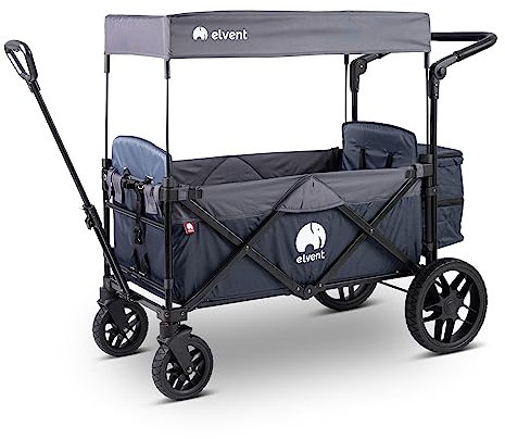 elvent® SmartCruiser Premium Bollerwagen - Handwagen faltbar mit Dach I Sitzpolster, Hecktasche, Feststellbremse, Off-Road-Reifen, 5-Punkt-Gurt I für 2 Kinder | Teleskop-Zugstange (Blau)