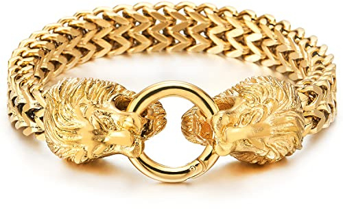COOLSTEELANDBEYOND Biker Mens Gold Steel King Lion Head Franco Box Link Chain Bracelet Spring Ring Clasp 8.5 Inches