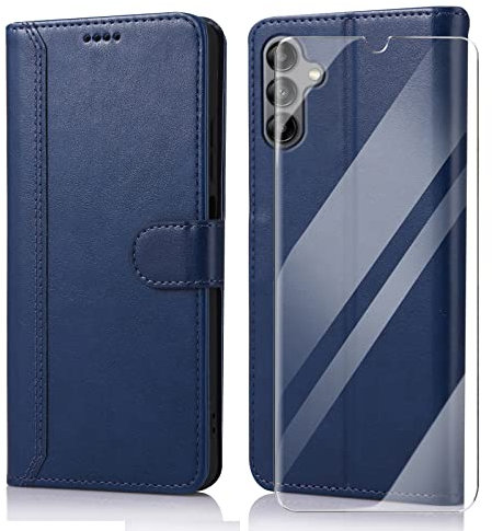 SMYTU Custodia per Samsung Galaxy A14 4G / 5G + Vetro Temperato,Cover a Libro Flip in Pelle Magnetica Portafoglio Per Samsung Galaxy A14 4G / 5G - Blu