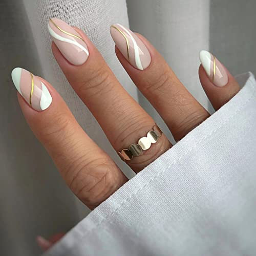 JUSTOTRY 24 Pcs Doré Wavy Ovale Faux Ongles Court Motif,Blanc French Press on Nails Courts,Amande Faux Ongle Moyen avec Colle Pour Femme et Ado,Almond Faux Ongles à Coller Nail Art