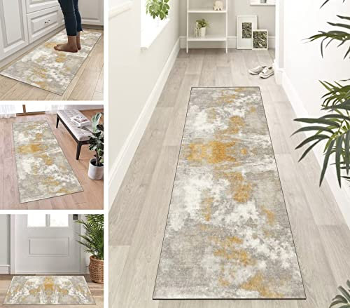 Läufer Teppich Lang Flur rutschfest Kücheteppich Grau Gold 100X450cm Teppichmatten Teppichläufer Waschbar und Dauerhaft, Korridor Teppich Schlafzimmer Wohnzimmer Eingang Schmutzfangmatte Meterware