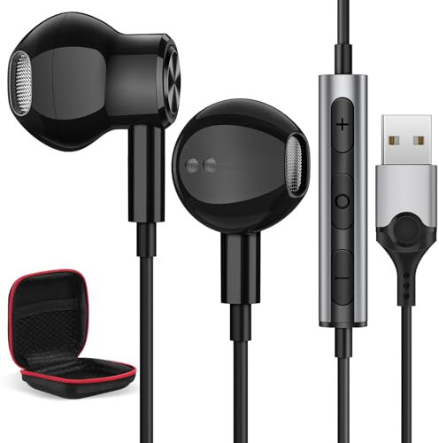 Casques USB PC Filaire, Écouteurs Filaires USB avec Micro pour PC Casque Gaming Stéréo HiFi avec Fonction Muet Anti-Bruit Intra-Auriculaires Écouteur Gamer pour PS 4/5 Ordinateur Portable pour Gamer