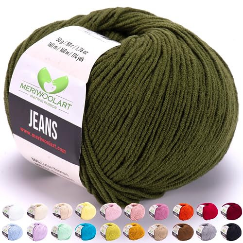 MeriWoolArt® Dunkelgrün Baumwollgarn zum Stricken und Häkeln, Textilgarn, Stoffgarn, Baby Wollgarn für Handarbeiten, Babykleidung, Amigurumi, Babydecke, Pullover, Mützen und Accessoires
