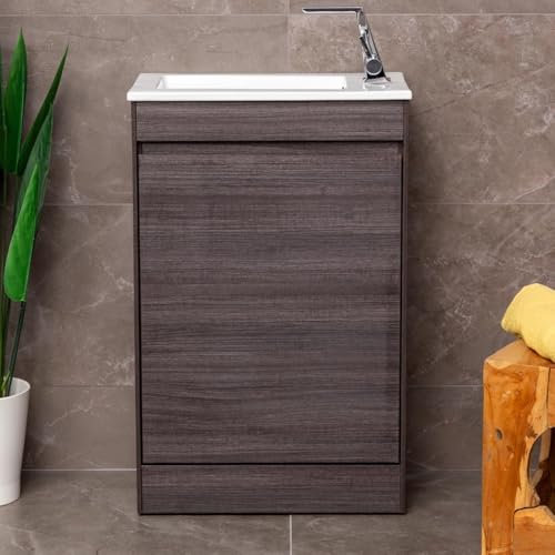 Ochil Wood Effect Floor Standing Cloakroom Vanity Unit With Slim Ceramic Basin Sink Soft Close Door Bathroom Unit – Dark Oak - 550mm