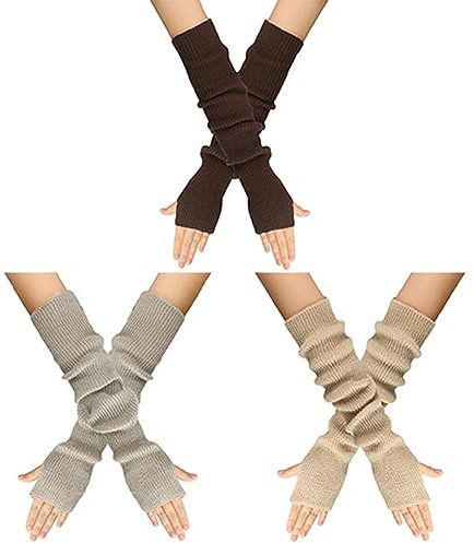 MoreChioce 3 Paar Frauen Lange Fingerlose Handschuhe, Winter Gestrickt Armstulpen Ellenbogenlange Handgelenk Pulswärmer Damen Halbfingerhandschuhe Fäustlinge Strickhandschuhe mit Daumenloch,Bunt #C