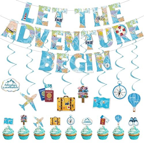 Bon Voyage Party Dekorationen Reise Thema Cupcake Toppers Let The Adventure Begin Ammer Banner Reise Thema Party Deko für Abschluss Ruhestand Party Schulabgänger Abschied Reisen