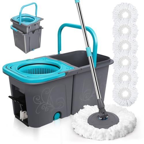 Mop and Buckets Sets, MASTERTOP Spin Mop and Bucket with 6 Microfibre Refills, 7L Foot Pedal Mop Bucket with 52 Stainless Steel Handle, Floor Mops for Hardwood Laminate, Separates Clean & Dirty Water
