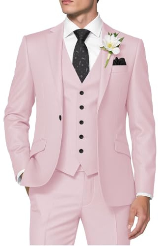 HUUTOE Costume 3 pièces élégant pour homme, type smoking, coupe ajustée, avec blazer, gilet et pantalon, pour l’été, mariage, bal de fin d'année, affaires, rose clair, Taille 4XL