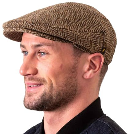 Hatman of Ireland Authentische Tweed Flachkappe für Herren 100% Donegal Tweed Fischgrätenmuster handgefertigt Hergestellt in Irland (DE/NL/SE/PL, Alphanumerisch, M, Braun)