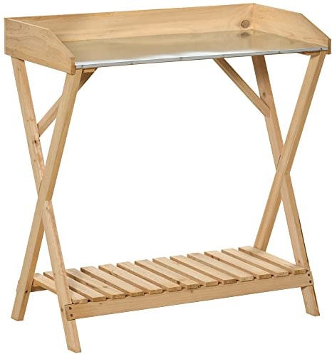 Outsunny Tavolo da Giardinaggio in Legno con Ripiano, Tavolo da Rinvaso con Piano in Metallo Zincato, per Piante Fiori Ortaggi, 80x40x84cm, Marrone