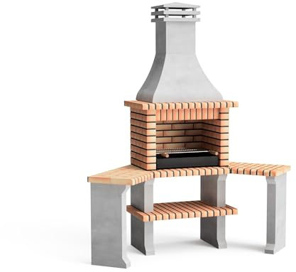 MOVELAR - Barbacoa de Obra Prefabricada de Leña y Carbón Modelo Roma 2 Side Tables Corner (Gris, Naranja - 160 x 58 x 240 cm) REF: 3800/1 - Cocina de Exterior para Jardín o Patio