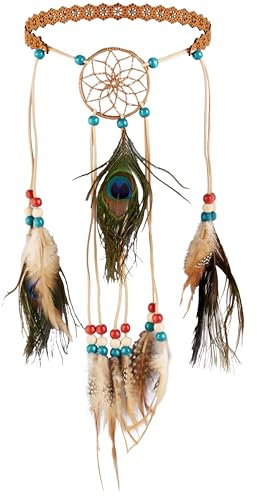 MINACHI Pfauenfeder-Kopfschmuck, Feder-Stirnband mit Traumfänger und Perlen, Bohemian-Haarschmuck für Damen