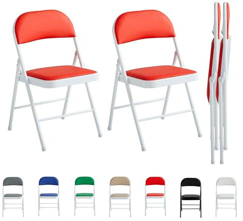 mcc direct Set of 2 Folding Chairs, Faux Leather Foldable Chairs with Metal Frame and Padded Seat, Easy to Fold and Store for Home, Office, Dining and Reception (Red)