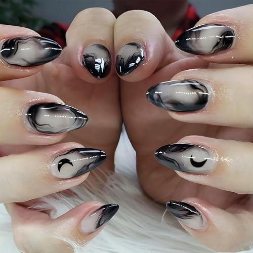 Kabwea Lot de 24 faux ongles à coller - Motif lune, amande, noir