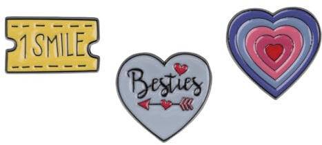 Besties Themed Gift Set Collection Of 3 Pin Badges Including A Besties Heart, Ticket for One Smile And A Cool Rainbow Heart