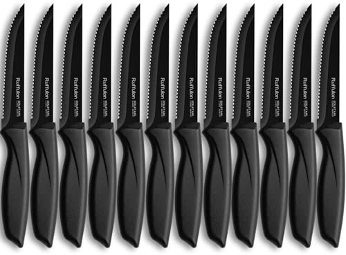 Coltelli a Punta per Bistecca e Carne,Ruffulon Set di 12 Coltelli da Bistecca in Acciaio Inox,Affilati e Seghettati,Set di Coltelli da Cucina Professionali,Impugnatura Robusta,Neri Set Coltello Cucina