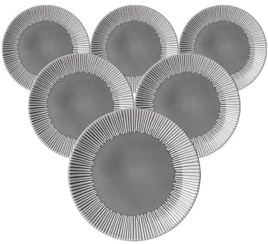 Ritzenhoff & Breker Banda Dessertteller 6er Set, 21 cm, Runde Frühstücksteller mit Streifen-Relief, Minimalistisches Geschirr in Coupe-Form, Spülmaschinenfest, Steingut, Grau