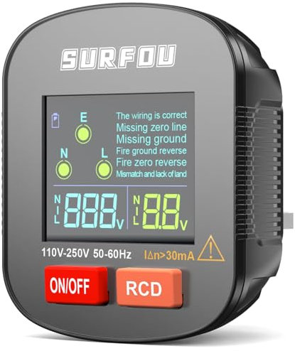 SURFOU Socket Tester UK, Electric Voltage Test Plug Tools with LCD Display 110v-250v, 50-60Hz, RCD Circuit Breaker, Power Meters for Electricians, Measures Earth, Live & Neutral Wire