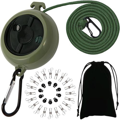 ZONSUSE Corde a Linge Retractable,Corde à Linge Antidérapante Portable,Corde à Linge Voyage 10m, 10 Boucles de Retenue et 20 Pinces à Linge,pour Plein Air Camping Voyage Accessoires (Vert-A)