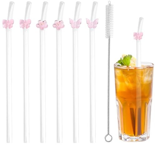 Embhlitfe 6 Pcs Glass Straws,Reusable Glass Straws Drinking Clear Glasss Straws with Charms and 1 Cleaning Brush,Shatter Resistant Bent Straw Reusable Straws for Cocktail Water Juice Milk Coffee