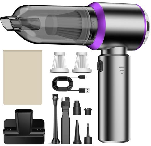 Handstaubsauger, 20000Pa Mini Akku Staubsauger Kabellos 4-In-1 Autostaubsauger 6000mAh 3-Gang Elektrische Staubgebläse für Auto, Küche, Büro, Haus, Camping, Tierhaare, Sofa, Tastaturen(Silber-Violett)
