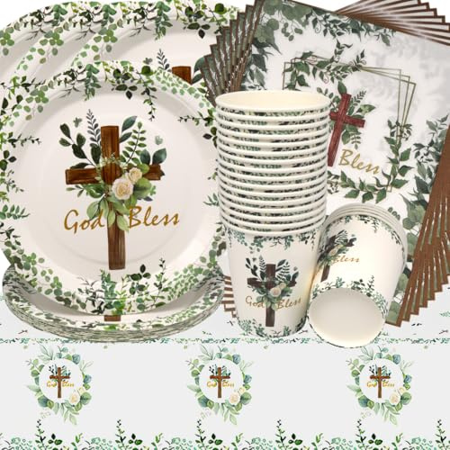 Doyomtoy Vaisselle de Fête Communion, Vaisselle Papier Set Décoration de Première Communion Assiettes en Papier Serviettes Tasses pour Baby Shower Décorations Fête d'anniversaire 20 Personnes