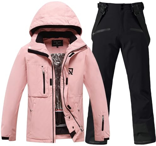 Tuta da neve da donna, giacca da sci e pantaloni da sci con cappuccio rimovibile, 384 rosa + 2021 nero, L