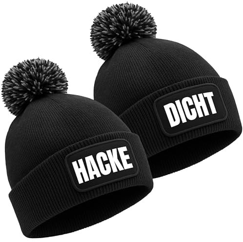 STATEMENT HQ Unisex Hacke Dicht Mützen Set – 2er Beanie mit Bommel – Lustige Partner-Mützen für Männer & Frauen – Schwarz, Einheitsgröße, Party- & Après-Ski Accessoire