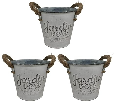 Relaxdays Blumentopf Set, 3 Übertöpfe Grüner Garten, Silber | H x D: 12,5 x 14 cm, Kräutertopf mit Henkel, Eisen & Jute